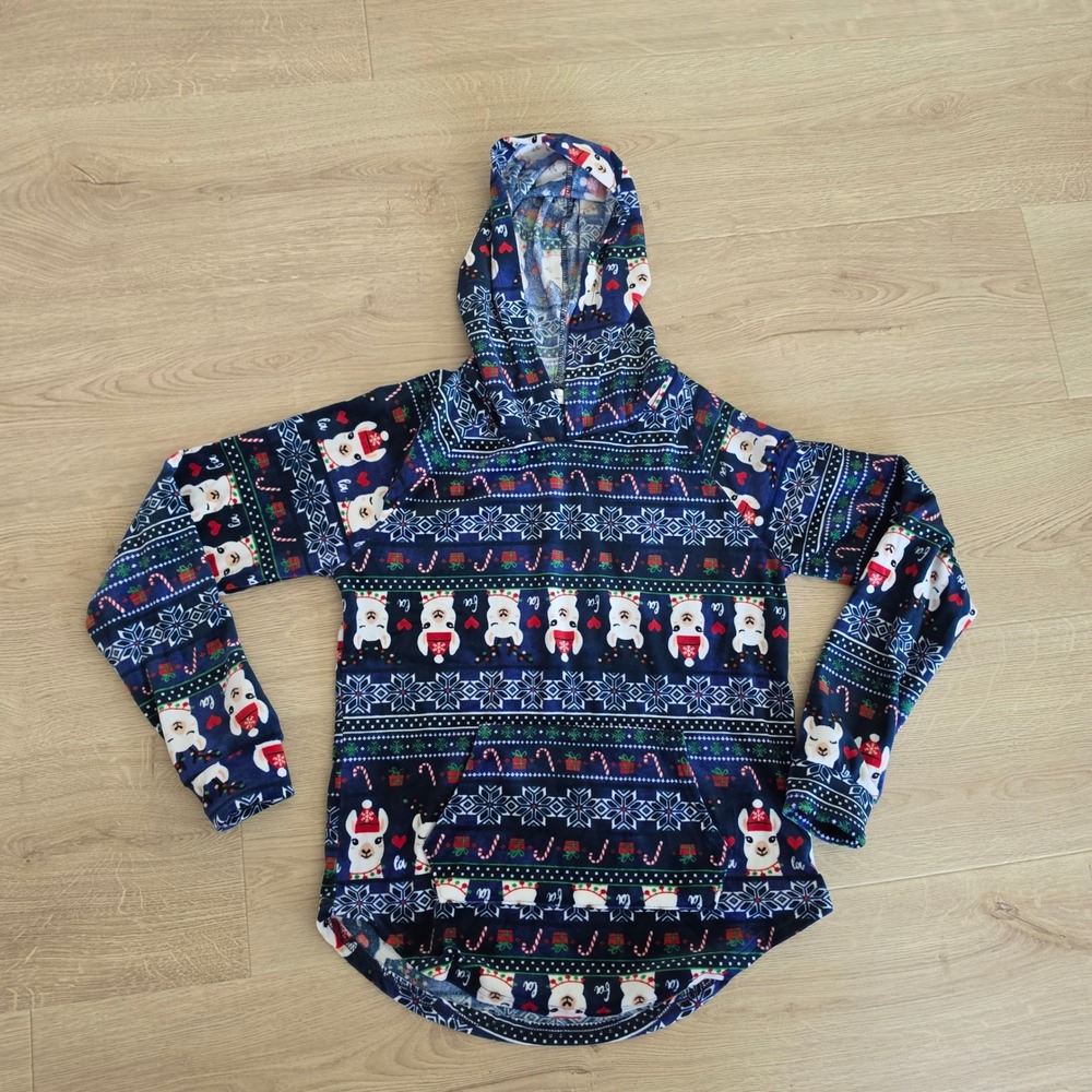 Christmas Navy Blue Fair Isle Llama Holiday Fleece Hoodie size Small 3-5